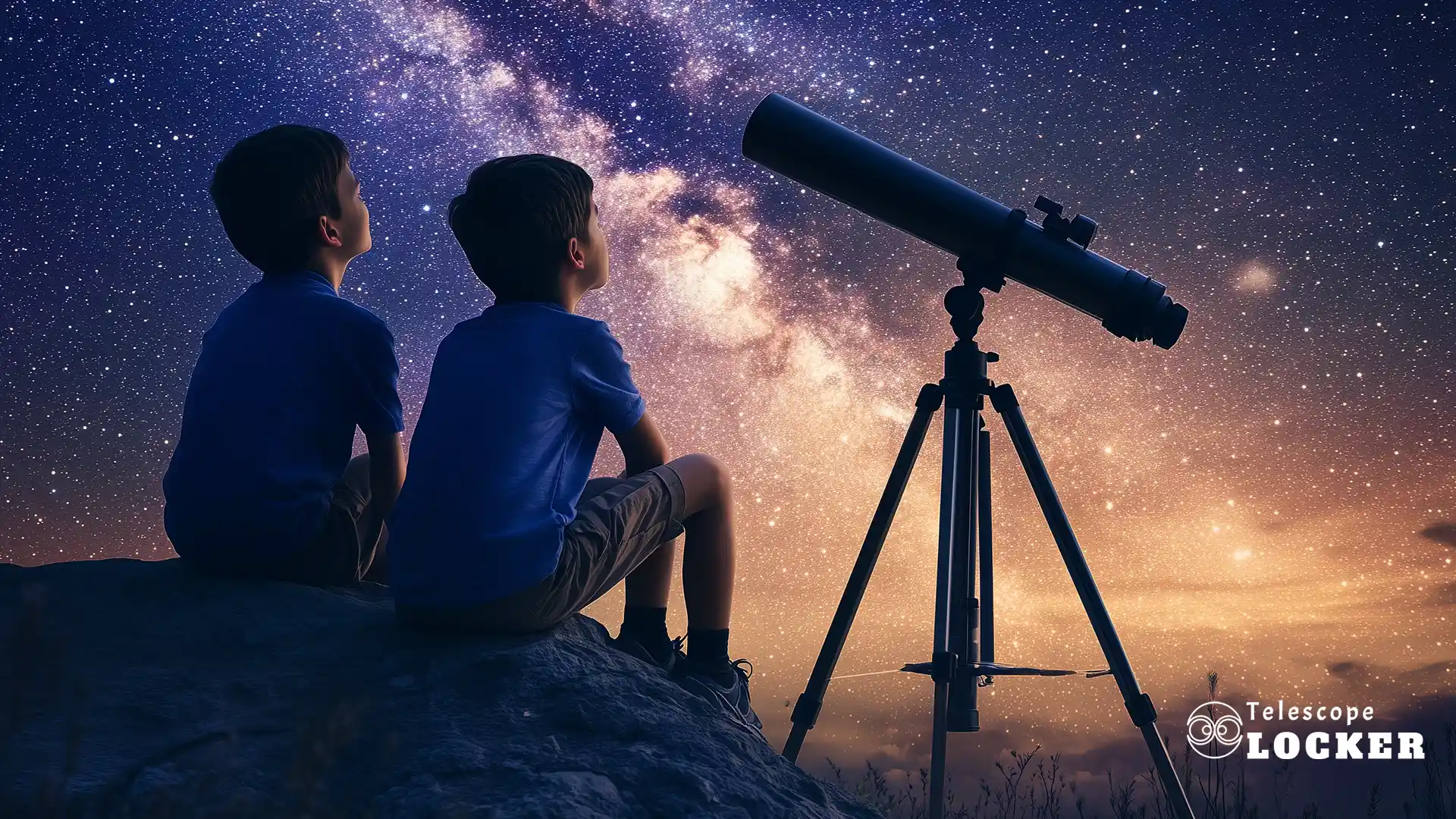 2 boys sitting down looking at the night sky with a telescope beside them